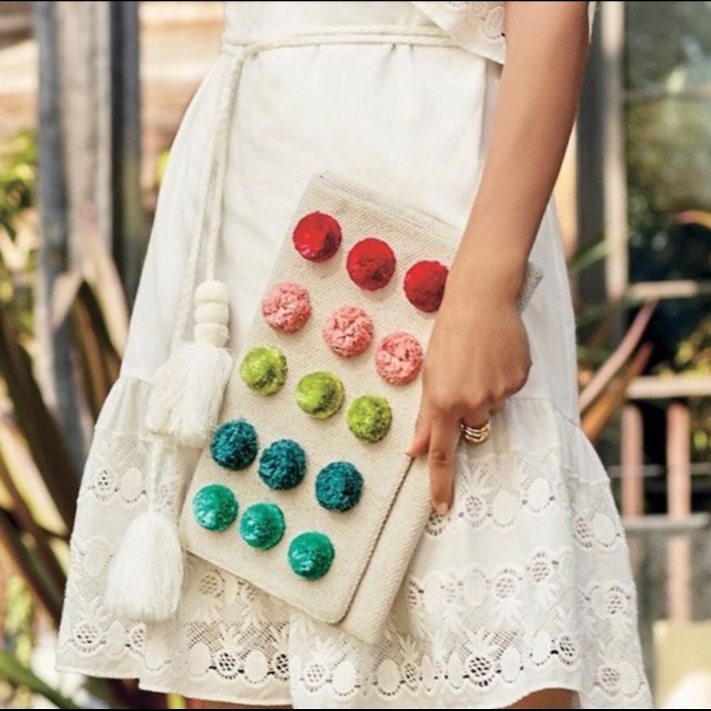 NWOT Stella & Dot Woven Pom Pom Clutch